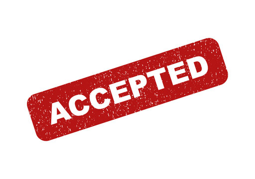 Red rubber stamp with the word accepted on a tilted rectangular shape