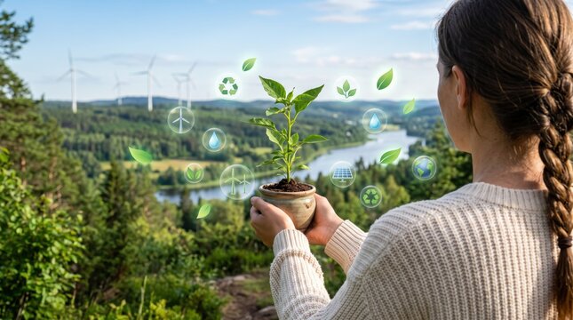 Woman holding potted plant with renewable energy and ecology icons, environmental sustainability and green technology, protecting nature and climate change awareness in forest