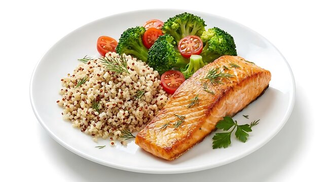 Grilled salmon fillet with quinoa and steamed broccoli on a plate. 30 minute dinners