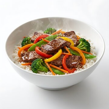 Stir fry beef with fresh broccoli and colorful bell peppers in a white ceramic bowl. 30 minute dinners