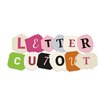 Ransom note letter cutout typography, colorful paper alphabet scraps, creative collage lettering on white background, handmade paper craft text