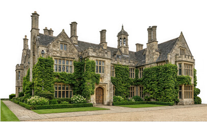 Fototapeta premium Historic stone manor house with ivycovered walls isolated on transparent background