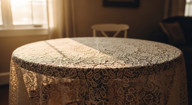 Sunlight Illuminates a Round Table Covered with a Lace Tablecloth.