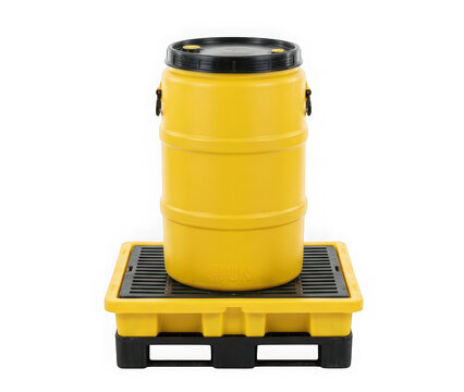 Yellow industrial plastic drum on a spill containment pallet isolated on transparent background