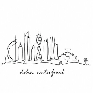 Doha Waterfront Cityscape One Line Drawing Illustration