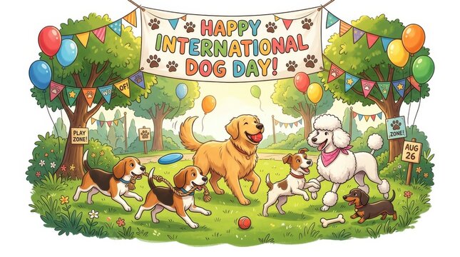 Happy international dog day celebration with cute dogs playing in a park
