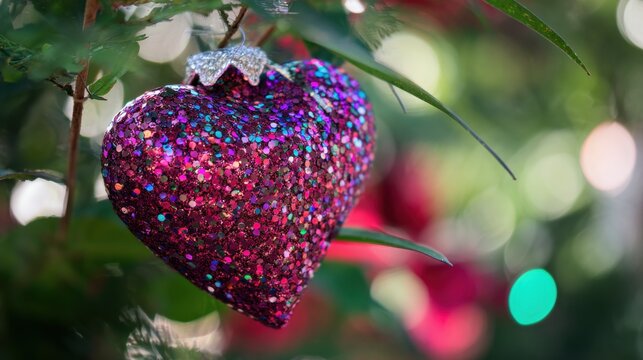Colorful heart ornament hangs on a green plant in a festive decoration scene