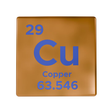 3D rendered square tile displaying the copper chemical element Cu symbol, atomic number 29, and atomic mass. Designed for science infographics, educational presentations, chemistry textbooks