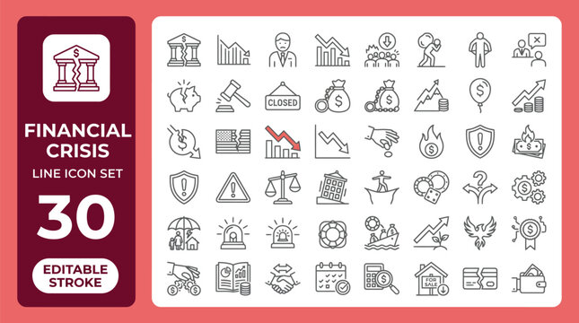 Financial crisis line icons set. Economic recession and market crash vector symbols.