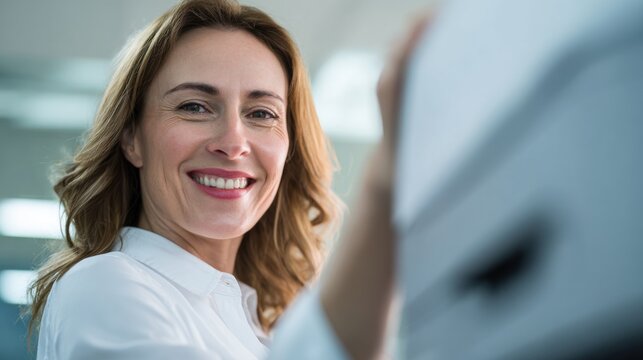 Woman smiles while working at a desk in a bright office on a weekday morning during typical work hours