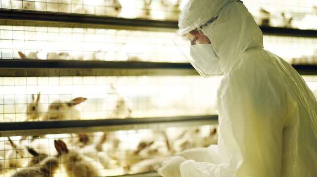 Worker in protective gear caring for rabbits in a research facility during the daytime