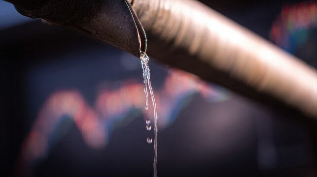 Water drips from a pipe in an industrial setting during the day