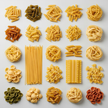 Assorted Dry Pasta Varieties Displayed on White Surface.