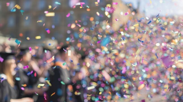 Graduation ceremony with students celebrating and confetti falling in the air during daylight
