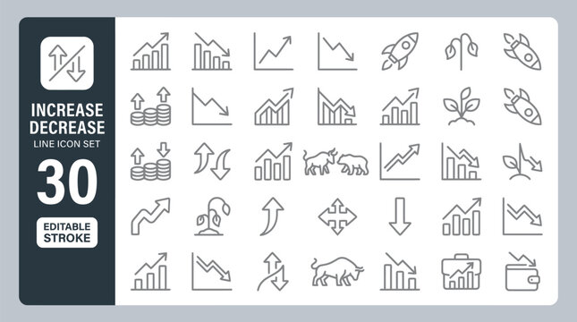 Increase and decrease line icons. Financial growth and decline business vector set.