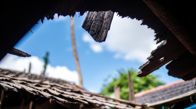 View of the sky through a hole in the roof of a rustic building during the day