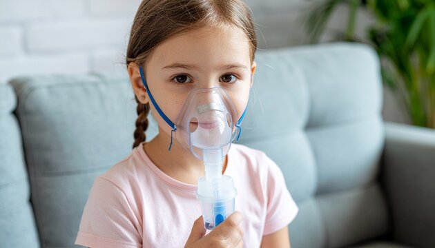 Little girl doing inhalation with nebulizer at home sitting on sofa, child health care