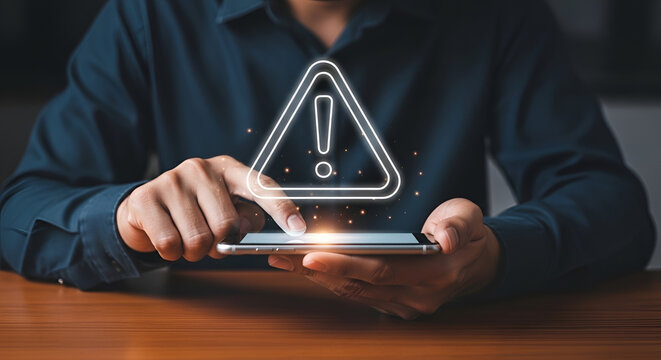 Warning Notification on Mobile Phone A person's hand is shown using a smartphone with a glowing notification icon of an exclamation mark in a triangle indicating an alert or warning
