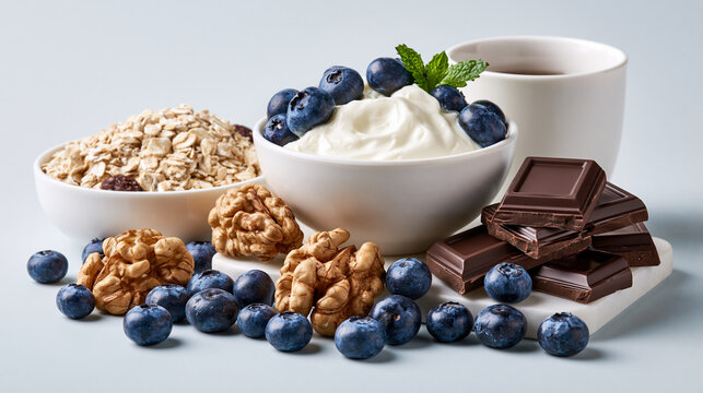 Premium breakfast with kefir walnuts blueberries oats dark chocolate and green tea showcasing gut brain wellness nutrition