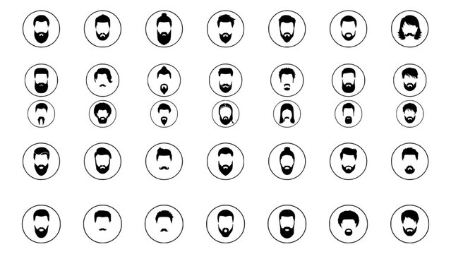 Heads with Various Hairstyles and Beards in Circular Frames Featuring Vector, Illustration, Black with White and Diverse Elements
