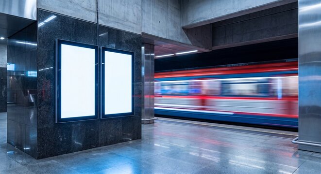 Two blank illuminated vertical billboard mockups on pillar in subway station with blurred passing train