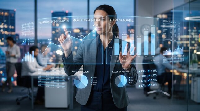 Business executive touching virtual screen with revenue growth charts and market share data, corporate strategy and innovation concept