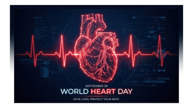 World heart day concept with a glowing digital human heart and ekg line on a dark background
