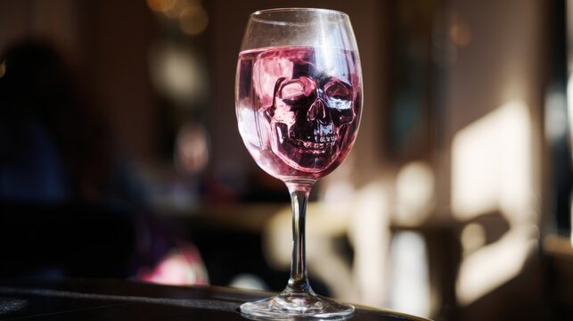 Glass with skull design holds pink liquid on a table in a cafe during the day