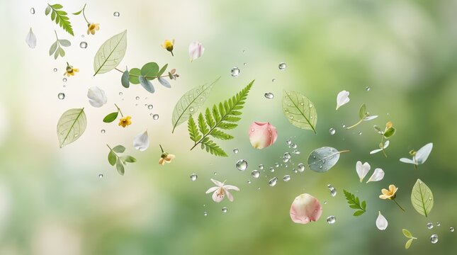 Fresh natural ingredients including green leaves, ferns, flower petals and water droplets floating in air against soft, symbolizing organic beauty, spa wellness and purity.