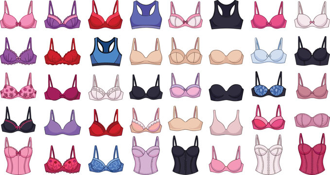 Women Brassiere and Bra Icon Set Featuring Various Styles Colors Push Up Sports Strapless and Corset Lingerie Vector Illustrations for Fashion Shopping