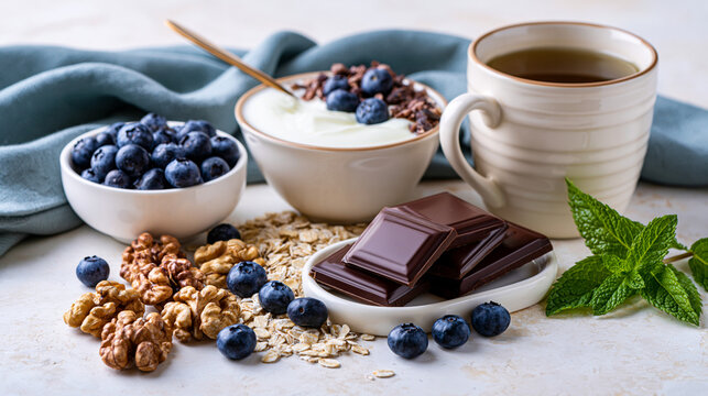 Premium breakfast with kefir walnuts blueberries oats dark chocolate and green tea showcasing gut brain wellness nutrition