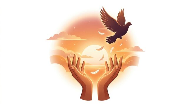 Hands releasing a dove into a golden sunset sky