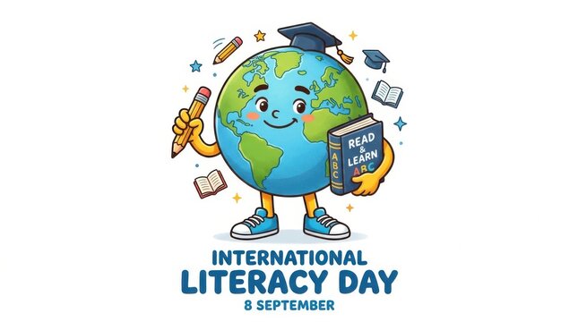International literacy day illustration with a cute globe character wearing a graduation cap and holding a book and pencil