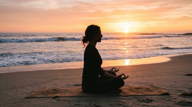 Silhouette of woman meditating on beach at sunset, serene ocean waves backdrop, mindfulness practice, yoga pose on sand mat, golden hour lighting, peaceful coastal scene