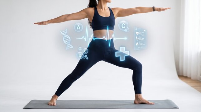 Fit woman in warrior pose on yoga mat with futuristic holographic health metrics, heart rate, DNA strand, vitamins and wellness icons floating around her body for digital