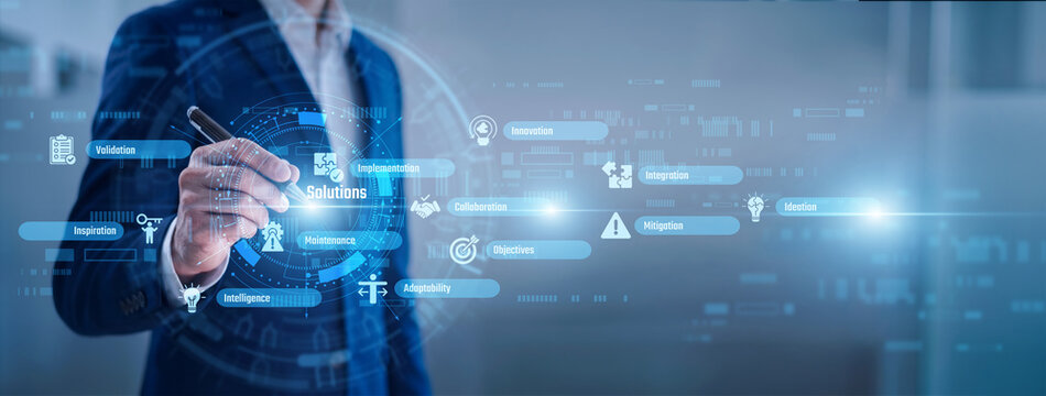 Expert point of Solutions concept. Tailored business strategies address complex operational challenges. Efficient Solutions integrate modern technology to streamline workflows for growth.
