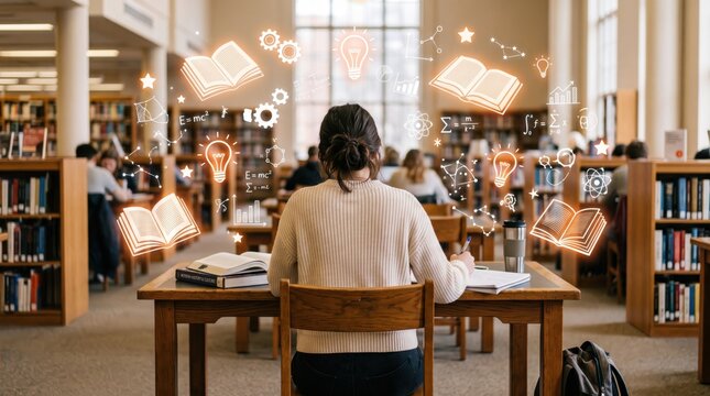 Female student studying in library, surrounded by glowing science and math icons, books on table, focused learning atmosphere, academic research, knowledge acquisition, educational