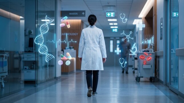 Doctor walking down hospital corridor, futuristic medical holograms floating around, DNA strand, pills, heartbeat monitor, stethoscope, microscope, blood cells