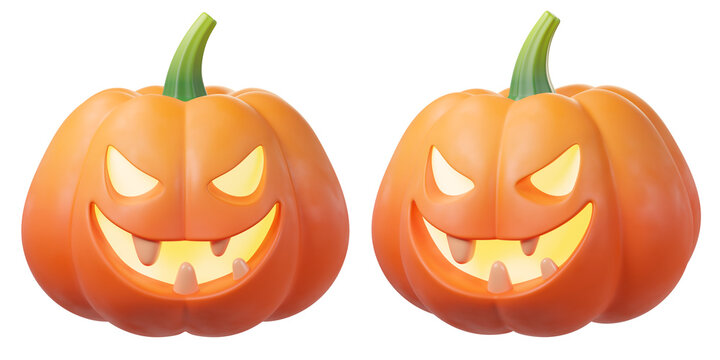 Set of 3D Halloween pumpkin Jack-o-lantern, isolated on background. Perfect for Halloween, party posters, seasonal promotions, greeting cards, stickers, social media, autumn holiday. 3d render
