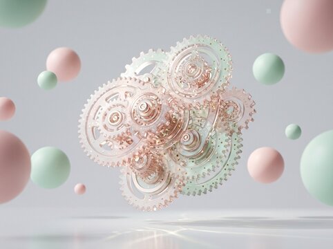 3D render of abstract mechanical gears and colorful floating spheres symbolizing innovation, teamwork, and modern technology in a clean studio setting
