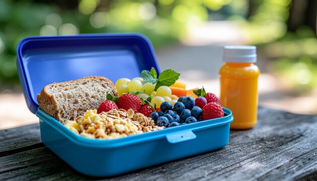 Bright blue lunch box filled with fresh healthy food, including whole grain bread, scrambled eggs, and assorted berries on a rustic wooden table in a park