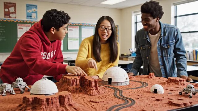 A diverse group of enthusiastic students collaborates on an ambitious school project featuring a terraformed planetary landscape inside their science classroom while sharing creative learning