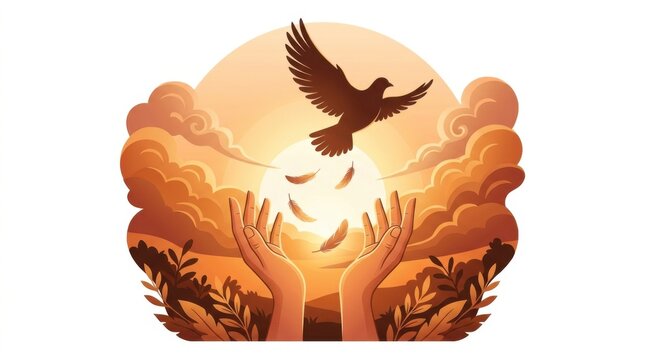 Hands releasing a dove into a golden sunset sky with foliage