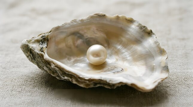 Elegant pearl in open seashell on neutral fabric background for luxury jewelry concept