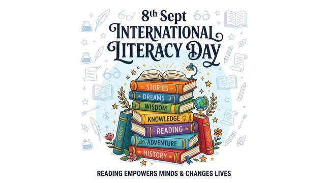International literacy day poster illustration with stack of colorful books and educational doodles, isolated on white background