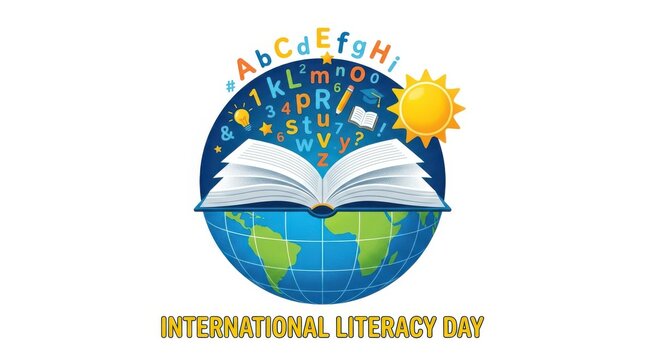 International literacy day concept vector illustration with open book, globe, alphabet letters, numbers, and educational icons