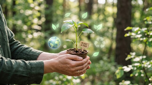 Close up of hands holding small green plant sapling in soil pot with plant a tree sign, forest nature, recycling symbol and earth globe icons, environmental conservation