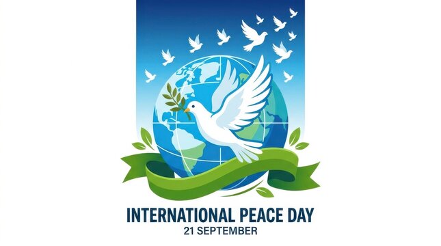 International peace day greeting card with white doves flying around globe and olive branch, 21 september concept vector illustration