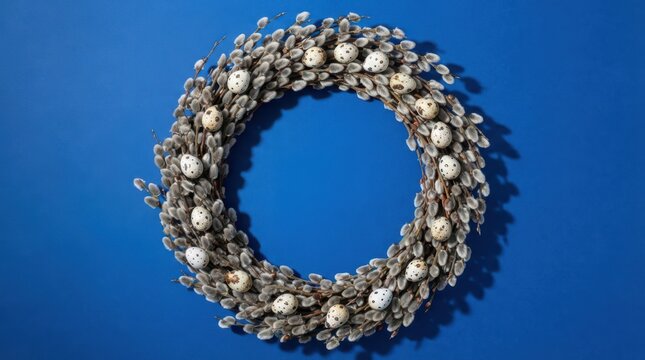 Easter wreath made of willow branches and quail eggs on a blue background