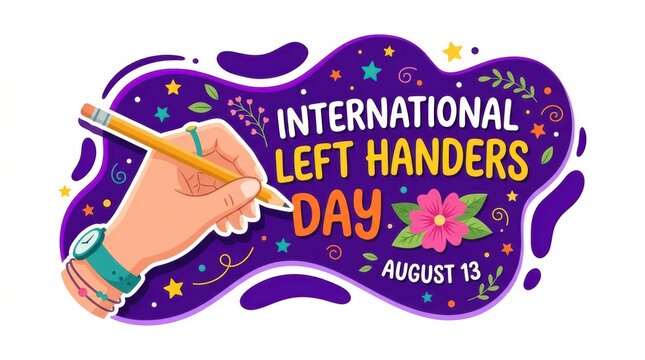 International left handers day banner vector illustration with hand writing with pencil on purple floral background